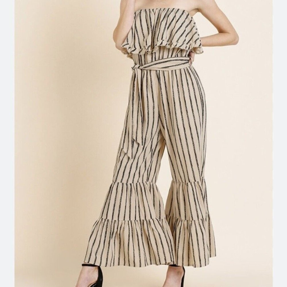 Striped Beige Strapless Ruffle Jumpsuit